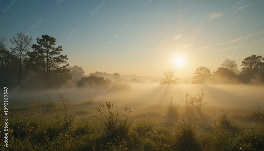 Obraz premium Morning mist sunrise over tranquil meadow landscape nature photography serene environment peaceful viewpoint scenic concept