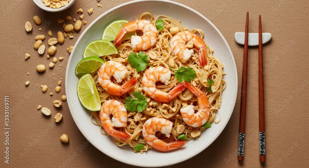 Delicious Shrimp Noodles with Peanuts - A flavorful plate of shrimp noodles, garnished with peanuts and lime wedges. A perfect Asian-inspired dish Delicious Shrimp Noodles with Peanuts - A flavorful plate of shrimp noodles, garnished with peanuts and lime wedges. A perfect Asian-inspired dish