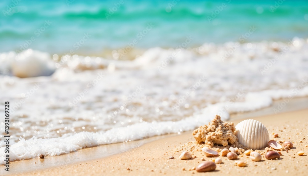 Seashells on the beach against the turquoise ocean - World Environment Day Seashells on the beach against the turquoise ocean - World Environment Day