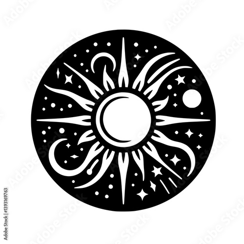 Celestial Sun and Moon Illustration in Black and White