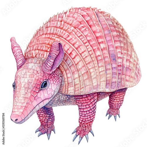 A watercolor vector illustration of a pink fairy armadillo, isolated on a white background.

