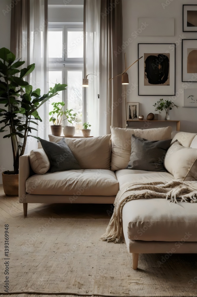 Obraz premium A living room with a white couch and a plant