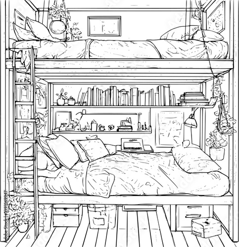 Dormitory coloring book vector design, Dormitory illustration art