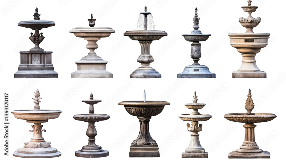 Naklejka premium Set of various antique vintage pedestal water fountains isolated on white background