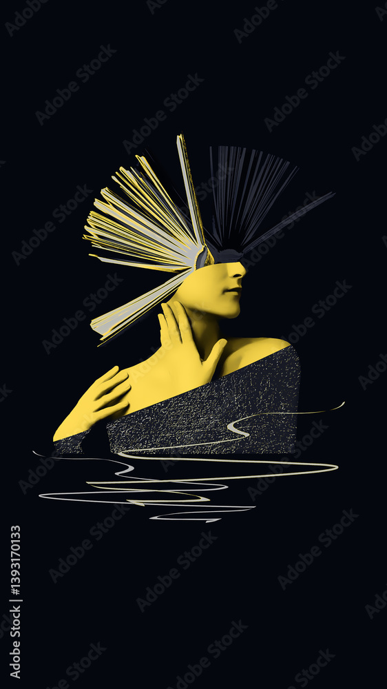 Female head with books as a metaphor for a education. Art collage.