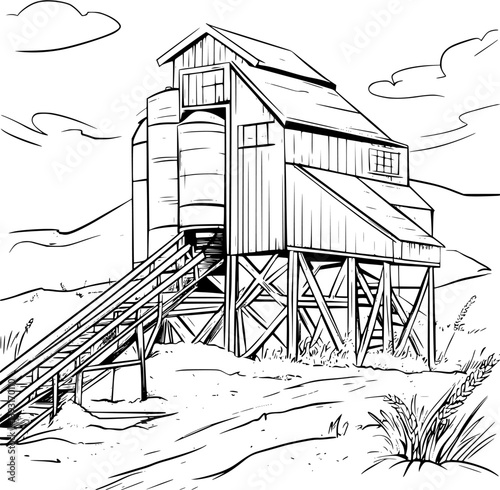Grain elevator coloring book vector design, Grain elevator vector graphic