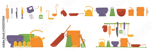 Kitchen utensils set. Vector stock illustration isolated on background for design template cuisine recipe book, menu cafe, restaurant, bistro, canteen, mess hall, lunchroom in school kindergarten.