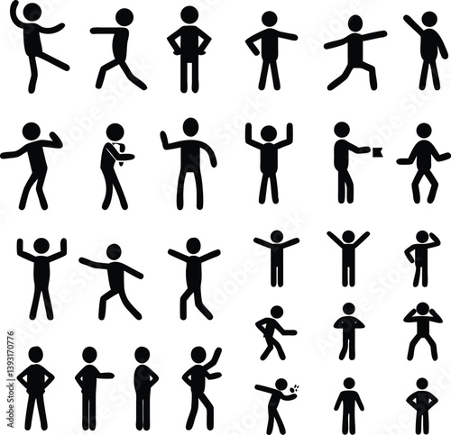 Stickman Icons - Black Silhouettes Showing Various Poses and Gestures