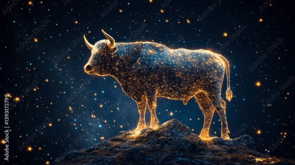 Fototapeta premium A glowing bull stands on a rocky surface against a starry background, representing a blend of nature and digital art.