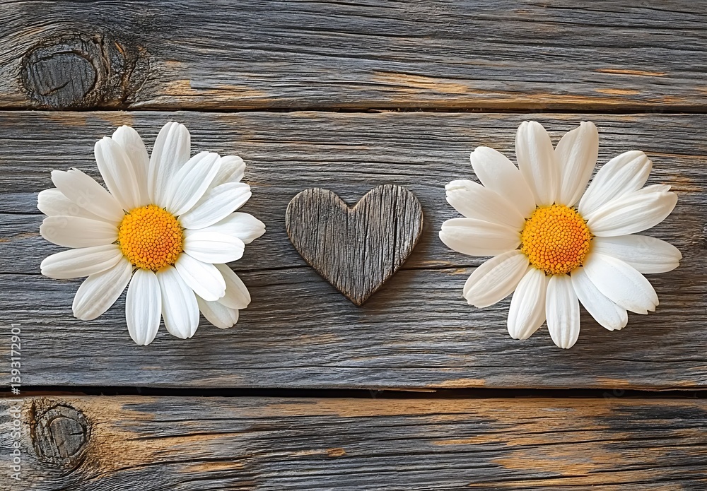 Obraz premium Charming daisies with a wooden heart on rustic background bringing nature indoors : Generative AI