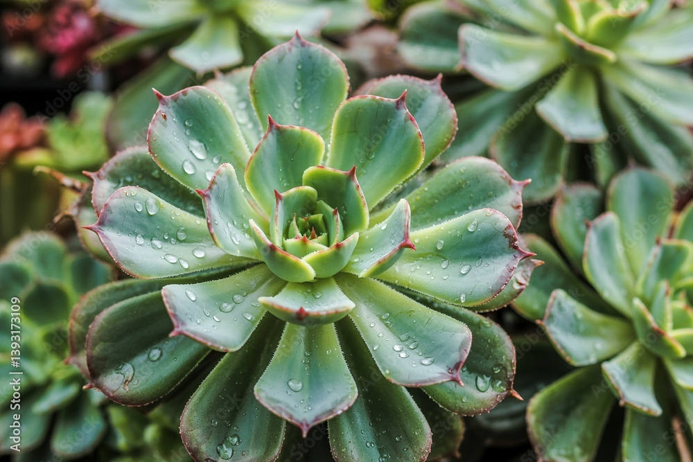 Fresh Echeveria Succulent Close Up With Water Droplets Sparkling In Garden Fresh Echeveria Succulent Close Up With Water Droplets Sparkling In Garden