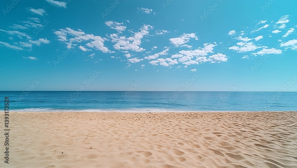 Fototapeta premium Serene Beach Landscape with Blue Sky Azure Water and Golden Sand Perfect for Summer Vacation and Relaxation Getaways : Generative AI