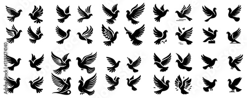 collection of silhouettes of pigeons with white background