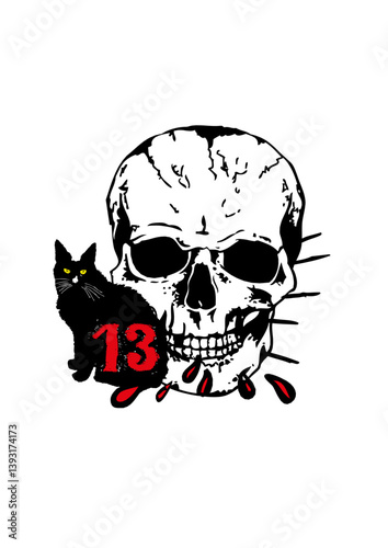 tete de mort chat noir tattoo numero 13 tache sang crane old school