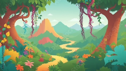 Vibrant Cartoon Jungle Landscape with Mountains and Flowing River in Bright Colors