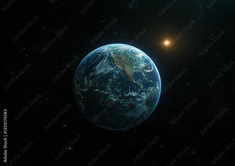 Fototapeta premium Aerial perspective of Earth with the sun illuminating the surface showcasing natural beauty : Generative AI