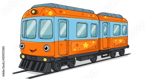 Happy Cartoon Train on Tracks - A cheerful cartoon train with orange and blue cars, decorated with stars and dots, sits on train tracks against a white background