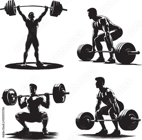 Weightlifting Silhouette Set – Overhead Lift, Deadlift, Squat, and Powerlift Poses – Black and White Fitness Icons

