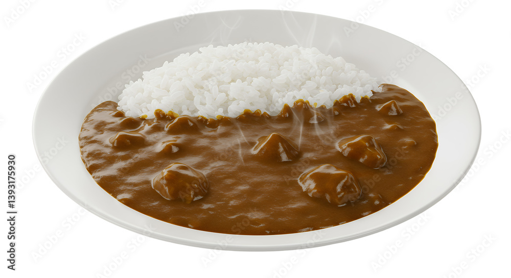 Delicious savory brown curry dish served in a pristine white plate Delicious savory brown curry dish served in a pristine white plate
