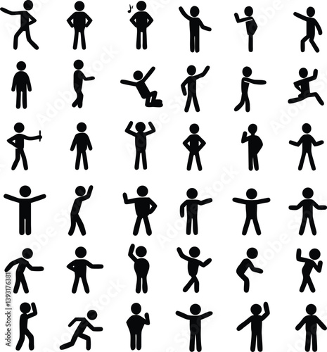 Stickman Icons - Black Silhouettes Showing Various Poses and Gestures