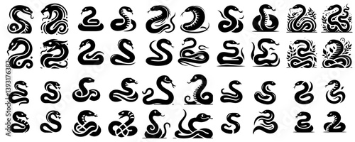 collection of venomous snake silhouettes with white background