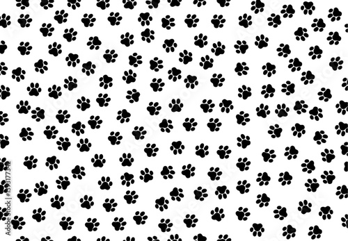 Paw print seamless pattern, cat, dog foot, animal sketch background. Animal step texture. Bear, panda, tiger grunge stamp repeat foot track wallpaper. Cartoon monochrome bg. Black vector illustration
