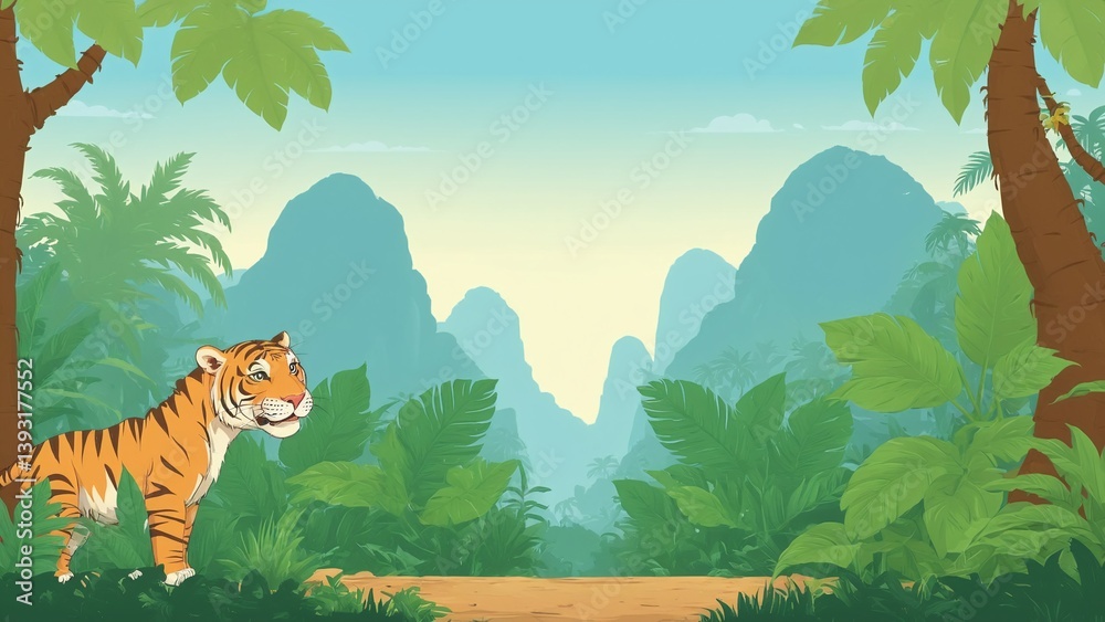 Vibrant Jungle Landscape with a Bengal Tiger Amidst Greenery and Mountain Backdrop