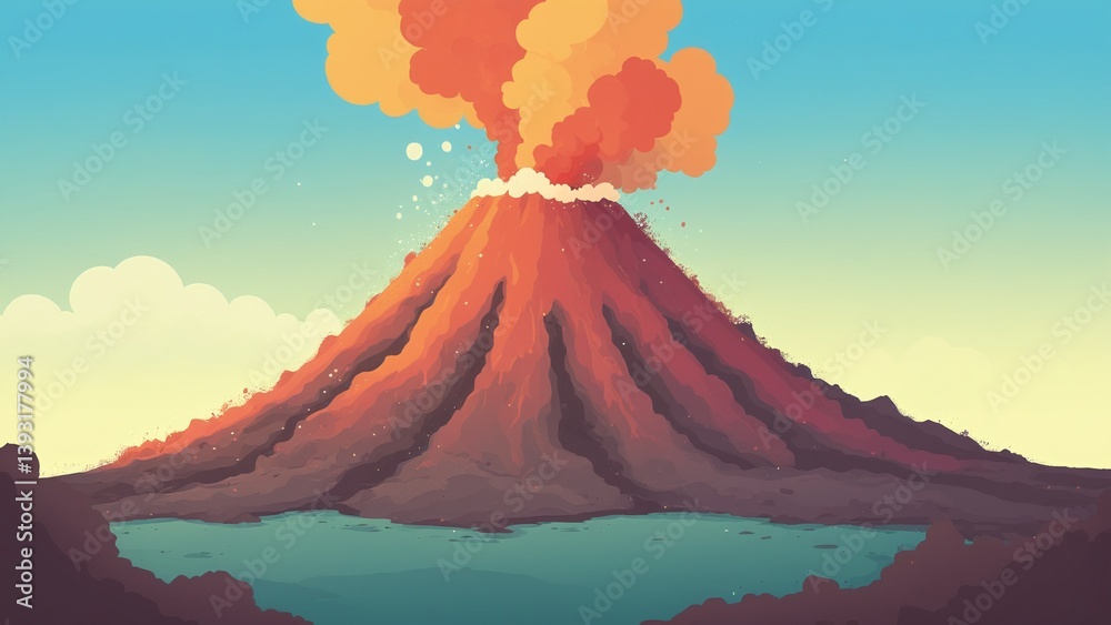 Colorful Erupting Volcano with Lava and Smoke Against a Blue Sky and Calm Water