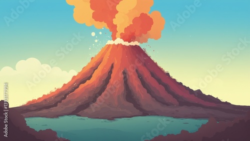 Obraz na płótnie Colorful Erupting Volcano with Lava and Smoke Against a Blue Sky and Calm Water w salonie