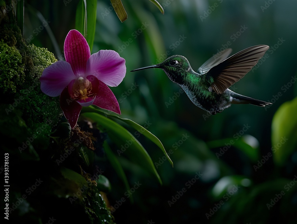 Fototapeta premium Hummingbird in flight near vibrant orchid in lush tropical setting.