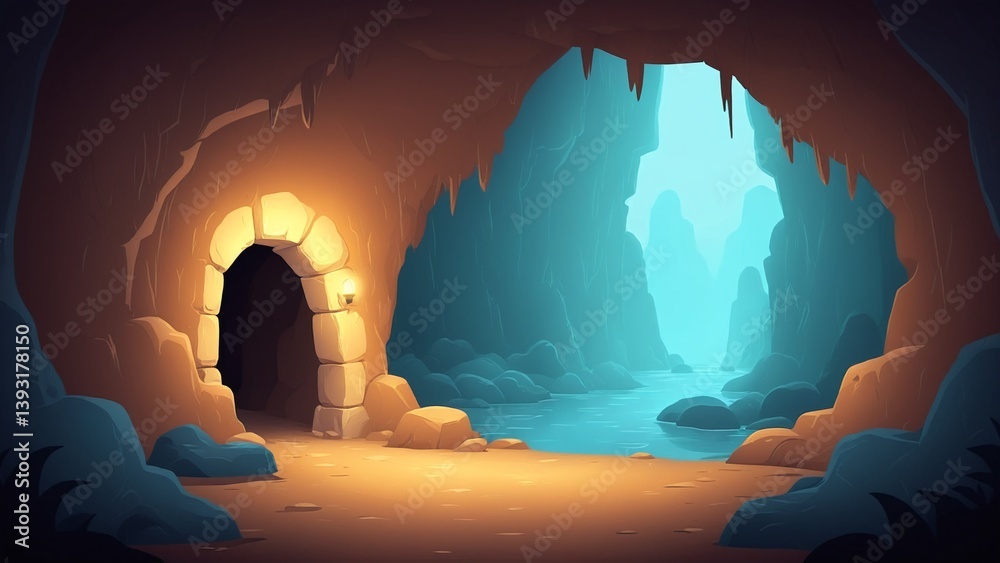 Serene Cave Entrance with Gentle Water Flowing and Soft Lighting in Fantasy Style