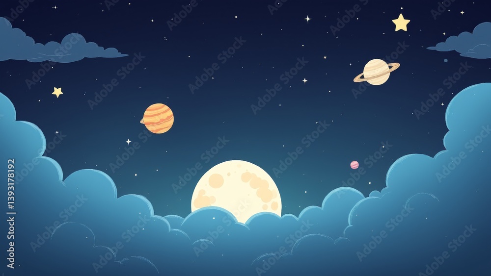 Dreamy Night Sky with Colorful Planets and Clouds Under a Bright Moonlit Background