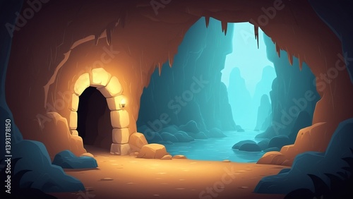 Obraz na płótnie Serene Cave Entrance with Gentle Water Flowing and Soft Lighting in Fantasy Style w salonie