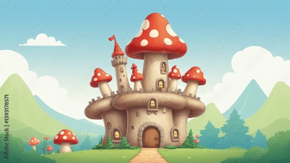 Charming Fairytale Mushroom House with Red Caps Surrounded by Lush Green Nature