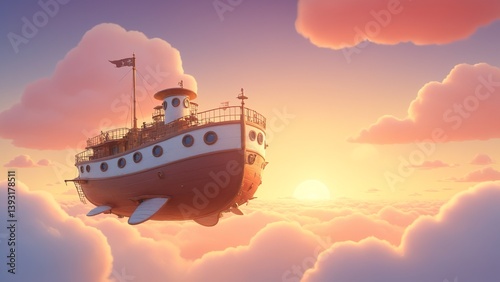 Obraz na płótnie Charming Floating Ship in Colorful Sky at Sunset with Soft Clouds and Warm Glow w salonie