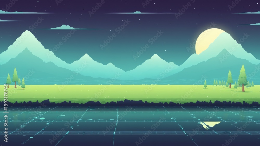 Tranquil Night Scene with Mountains, Moonlight, and Lush Green Landscape Under Starry Sky