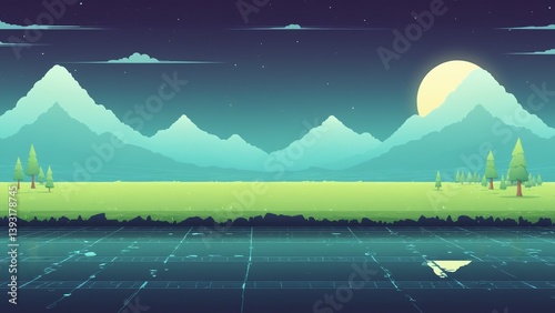Obraz na płótnie Tranquil Night Scene with Mountains, Moonlight, and Lush Green Landscape Under Starry Sky w salonie