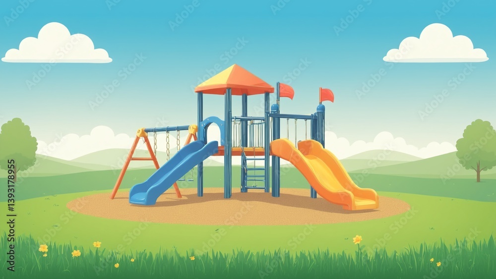 Bright and Colorful Playground with Slides and Swings Under Blue Sky and Green Landscape