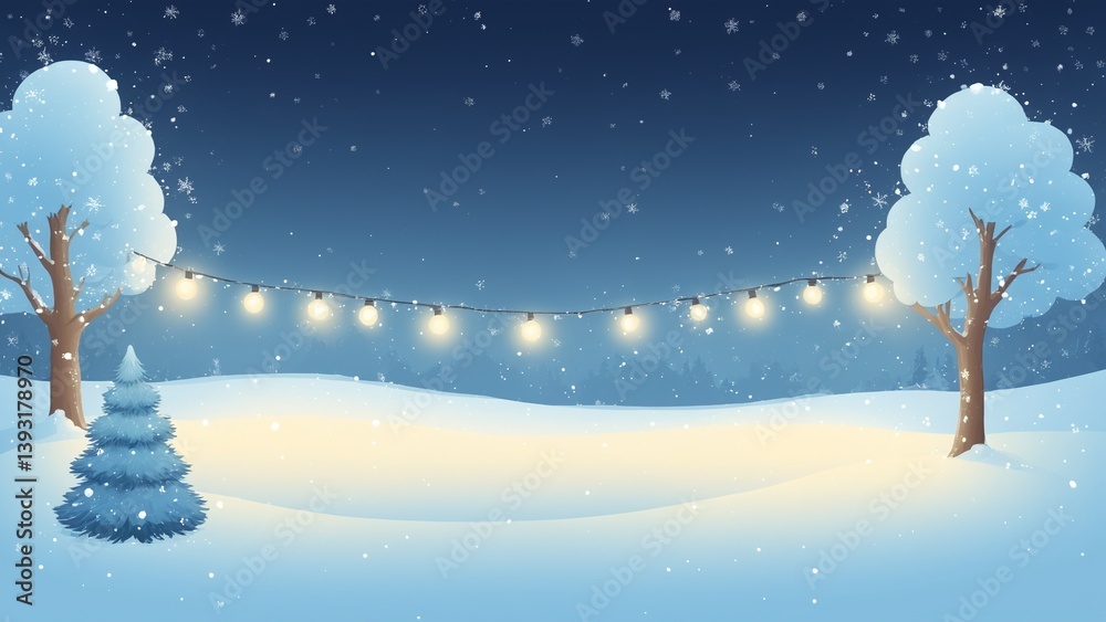 Winter Landscape with Snowfall and String Lights on a Calm Night Sky