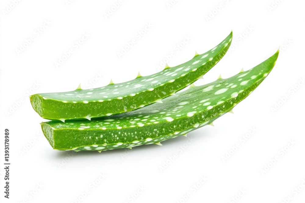Two aloe vera leaves stacked on top of each other with white spots and thorns on a white background studio shot Two aloe vera leaves stacked on top of each other with white spots and thorns on a white background studio shot