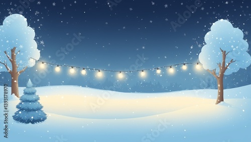 Obraz na płótnie Winter Landscape with Snowfall and String Lights on a Calm Night Sky w salonie
