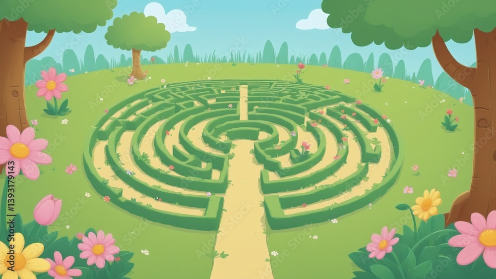 Colorful Cartoon Garden Maze Surrounded by Flowers and Trees in Bright Sunny Landscape