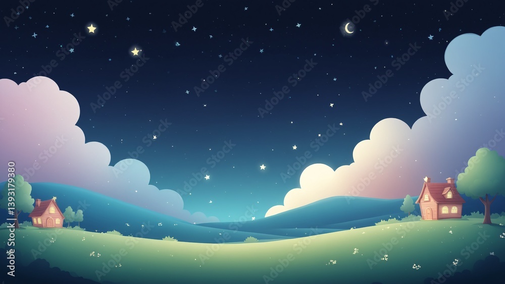 Serene Night Sky Over Rolling Hills with Cozy Cottages and Shimmering Stars