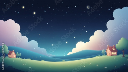 Obraz na płótnie Serene Night Sky Over Rolling Hills with Cozy Cottages and Shimmering Stars w salonie