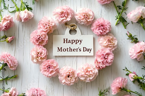 A charming display of pastel carnations encircling a "Happy Mother's Day" tag on a white painted wood panel.