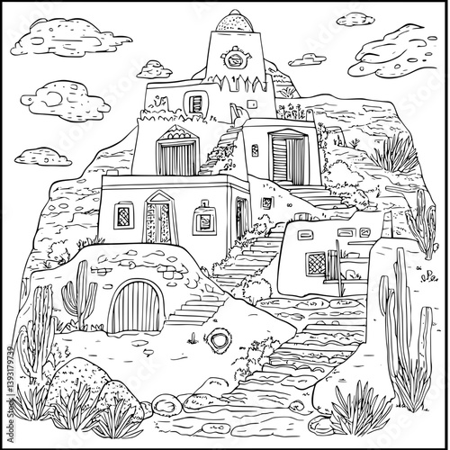 Adobe dwelling coloring book vector design, Adobe dwelling vector graphic