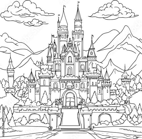 Chateau coloring book vector design, Chateau vector graphic