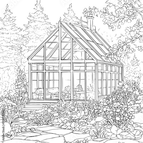 Conservatory coloring book vector design, Conservatory vector graphic