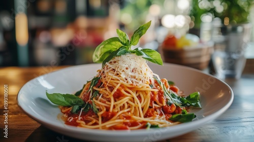 A beautifully plated dish of spaghetti, served on a sleek white plate. The pasta is coated in a rich, vibrant tomato sauce and garnished.