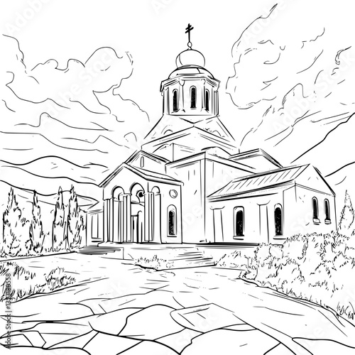 Monastery coloring book vector design, Monastery vector graphic